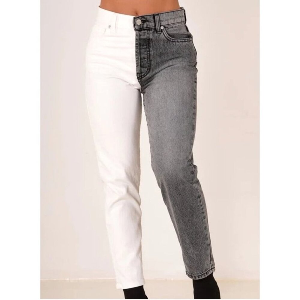 REVICE Two-Tone Straight Leg Jeans in White and Gray